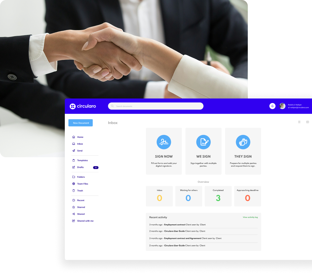Circularo dashboard showing eSigning workflow overview